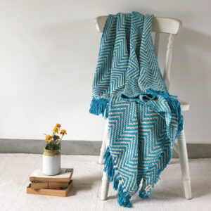 Cotton Throw – Handwoven Herringbone – Caribbean Blue