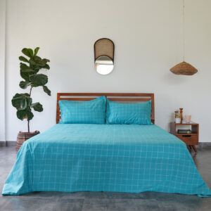 Cotton Bed Sheet – Lagom Chequered – Teal Blue / White - With 2 Pillow Cases