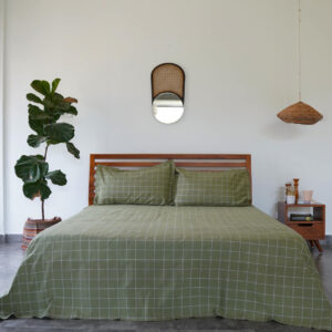 Cotton Bed Sheet – Lagom Chequered – Green / White - With 2 Pillow Cases