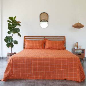 Cotton Bed Sheet – Lagom Chequered – Rust orange/White - With 2 Pillow Cases