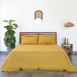 Cotton Bed Sheet – Lagom Chequered – Mustard / White - With 2 Pillow Cases