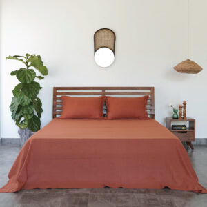 Linen Bed Sheet – Solid – Rust Orange - With 2 Pillow Cases