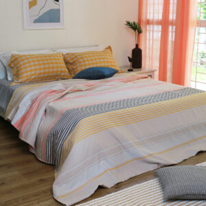 Cotton Bed Sheet – Nautical Stripes – Coral/Navy- With 2 Pillow Cases