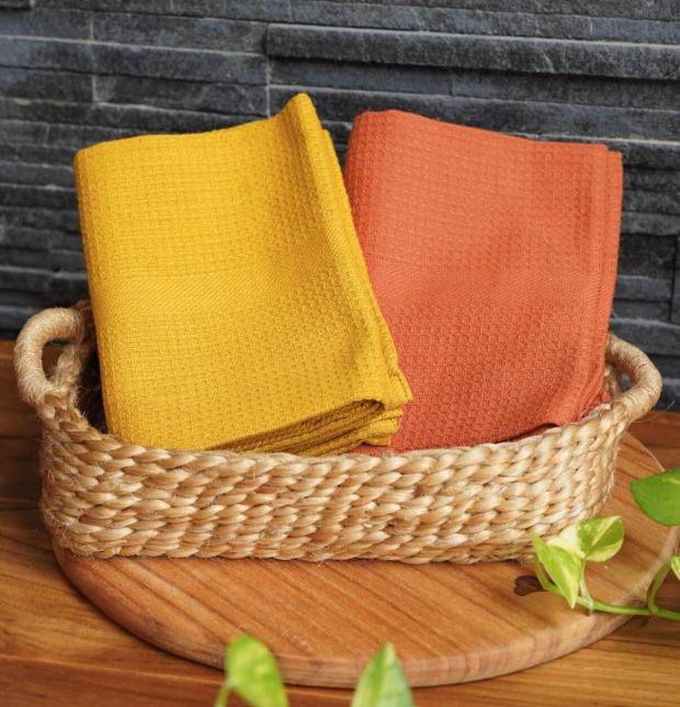 Cotton Kitchen Towel – Honeycomb Weave – Rust & Mustard , Set of 2