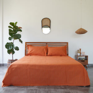 Cotton Bed Sheet – Silver Lining Stripes – Rust Orange / White - With 2 Pillow Cases