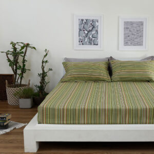 Cotton Bed Sheet – Woven Stripes – Green - With 2 Pillow Cases